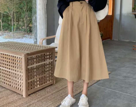 ?日系工装风卡其色半身裙高腰中长款裙子 9...
