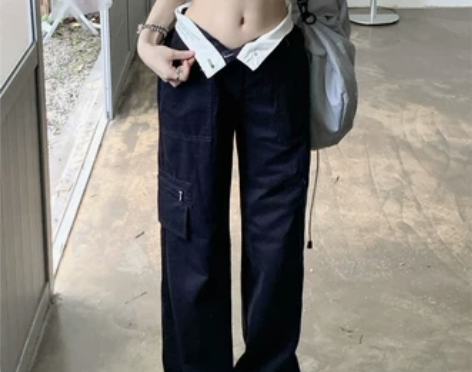 黑色工装直筒牛仔裤女夏季翻边裤子宽松小个子...