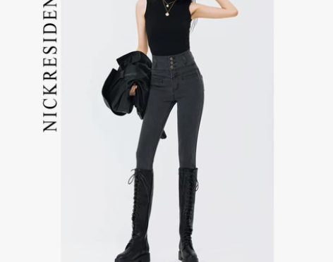 烟灰色高腰牛仔裤女秋冬新款显瘦 九五新