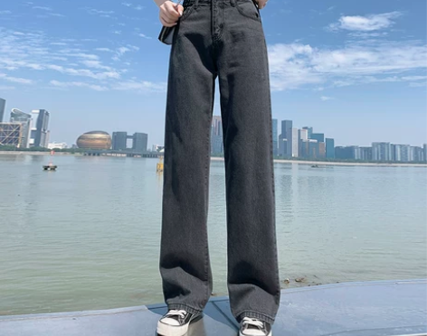 高腰阔腿裤显瘦牛仔裤 颜色分类烟灰色（长裤...
