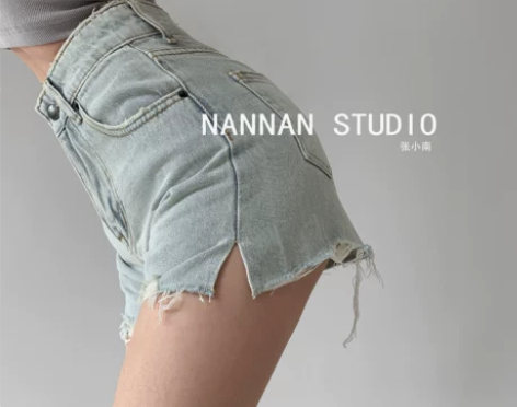 Lisa同款毛边磨破牛仔短裤女复古夏季薄款...