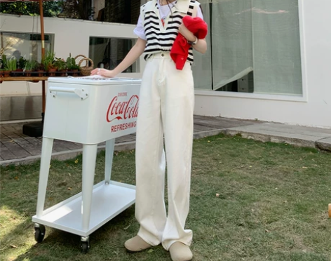 RJVO白色牛仔裤女春季新款阔腿高腰直筒修...