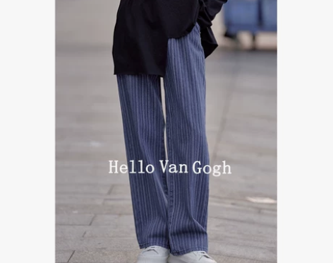 深蓝色竖条纹阔腿长裤高腰牛仔裤女直筒宽松2...