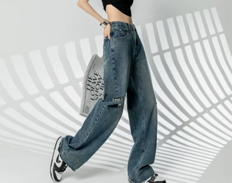 EHLW复古破洞牛仔裤女2022新款夏季宽...