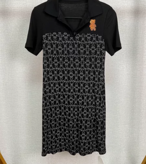 专柜撤柜修身休闲中长款黑色老花面料针织连衣...