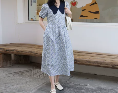 【狂欢价】娃娃领连衣裙女长款遮肉2022夏...