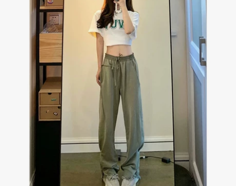 美式复古休闲裤女夏季设计感小众开叉直筒卫裤...