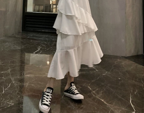 超仙的不规则雪纺荷叶边中长裙层层蛋糕裙A字...