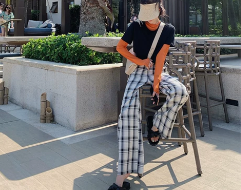 bigking大金家格子休闲裤女夏直筒宽松...