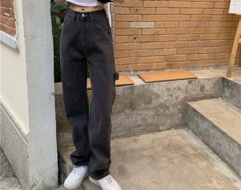 黑色2020新款INS复古古着感宽松高腰牛...