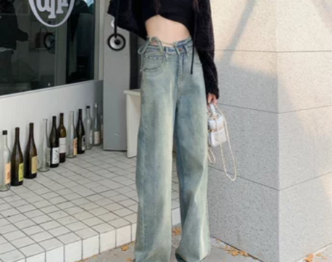 SAW 不规则做旧高腰牛仔裤女美式复古秋冬...