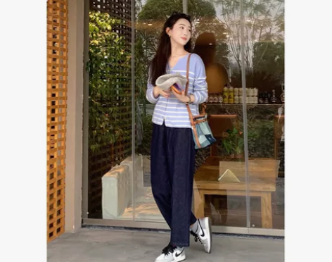 Buns日系抗皱深蓝色高腰直筒纯棉牛仔裤女...