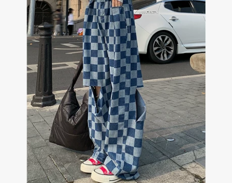 蓝色破洞阔腿牛仔裤女2022新款复古高腰显...