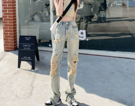 【狂欢价】MNVZ新款辣妹高级设计感破洞牛...