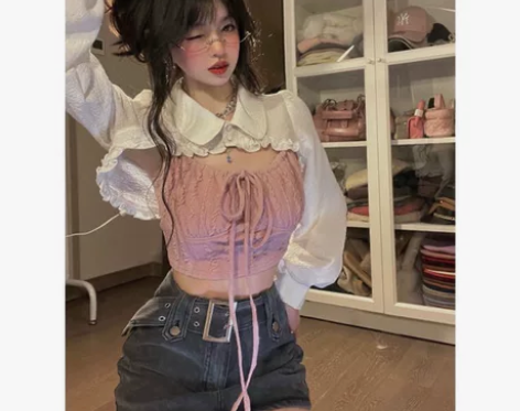 秋季套装女辣妹修身内搭吊带背心+小众花边百...
