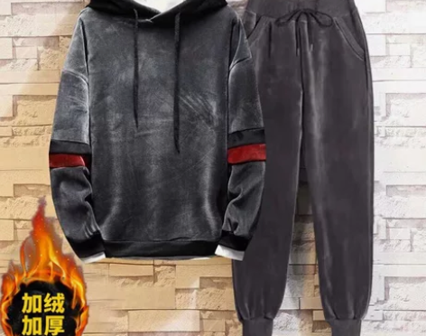 单件/套装金丝绒男士秋冬加绒两件套运动套装...