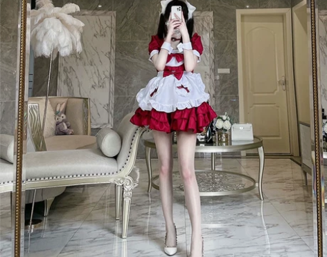 日系红色性感女仆制服圣诞节cosplay二...