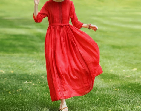 100支苎麻高端连衣裙 旅行文艺风裙子收腰...