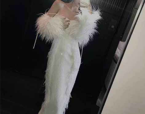 GYOKUU 米白色落水毛拼接吊带连衣裙高...