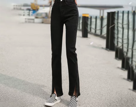 小米熊开叉牛仔裤女秋装新款黑色微喇高腰显瘦...