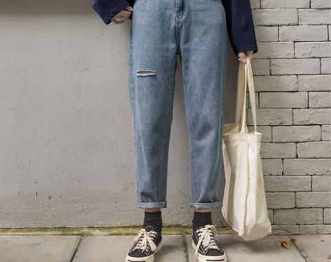 奶兔星球-自制 做旧破洞牛仔裤女宽松显瘦萝...