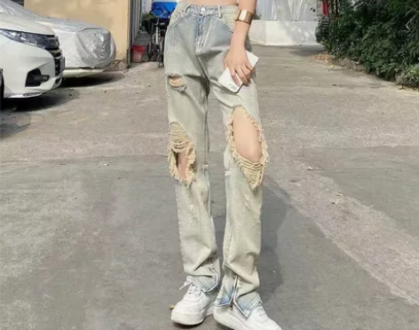 科幻 高街直筒破洞牛仔裤女高个性hipho...