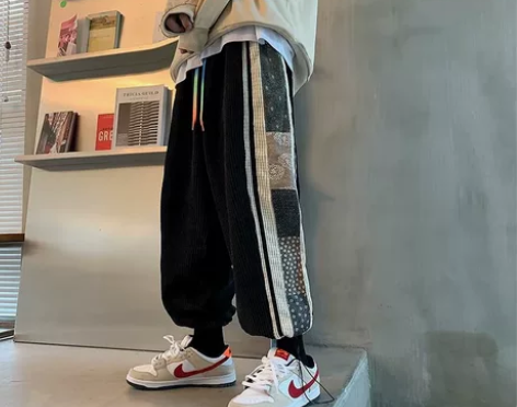 国潮高街玉米绒休闲裤男秋冬新款青少年宽松直...