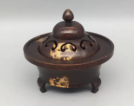 铜鎏金如意圆盘熏香炉,工艺精湛 ,包浆醇厚...