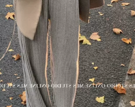 条纹阔腿裤女开叉休闲裤秋冬加绒加厚直筒垂感...