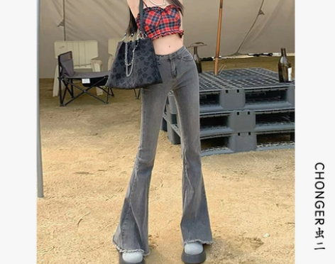 千禧辣妹包臀显瘦低腰牛仔微喇叭裤女夏美式复...