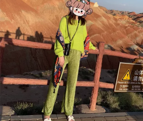 朱小姐复古宽松重工丝绒金丝裤女秋季显瘦百搭...