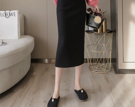 针织半身裙秋冬女开叉毛线裙中长款黑色包臀裙...