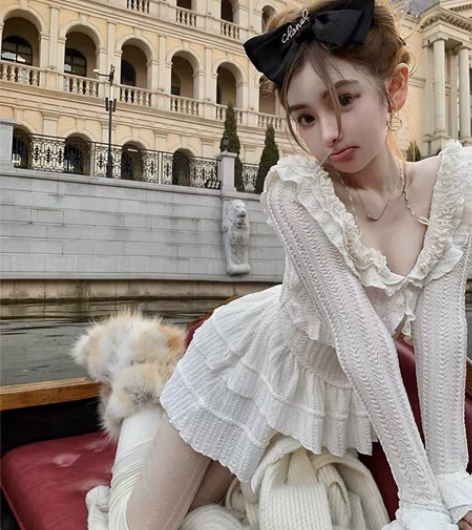 DoggyQin 糯冰玉/白色荷叶边连衣裙...