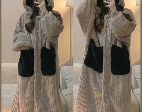 可爱风条纹连帽珊瑚绒长袖睡衣女2022年新...