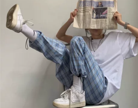 荒荒家 格子束脚裤潮2020新款格纹高腰休...