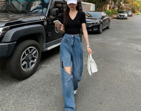 MULVAN破洞毛边牛仔裤女2022新款高...