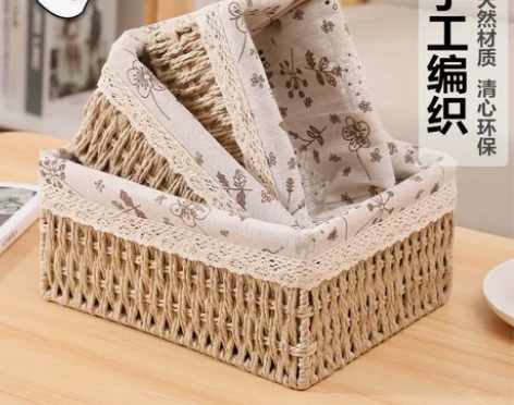 藤编桌面收纳盒编织零食化妆品玩具收纳筐家用...