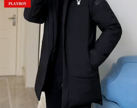 ?花花公子冬季连帽加厚中长款羽绒服男士潮牌...
