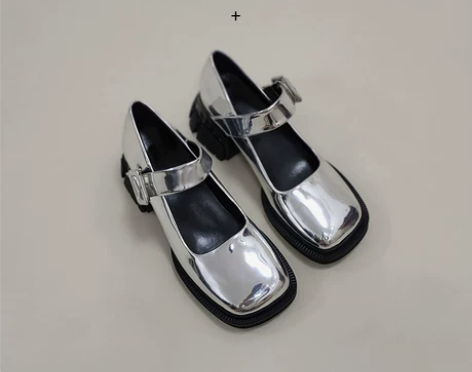 蓝琪婷玛丽珍鞋女粗跟2022年春季银色高跟...