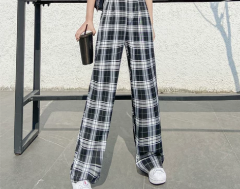 格子阔腿裤女垂感高腰夏季薄款复古宽松显瘦休...