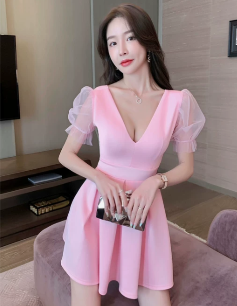 连衣裙短裙性感女夜总会低胸高腰显瘦泡泡袖a...