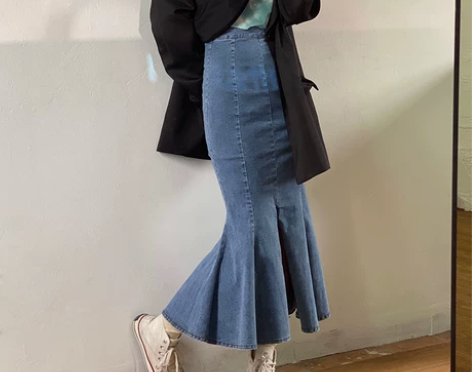 花田橱窗 牛仔半身裙女设计感高腰a字裙荷叶...