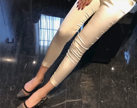 吕陈休闲裤女丝绸缎面弹力修身九分裤深蓝色/...