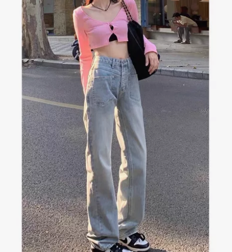 ZAZN2022秋冬新款水洗黑复古阔腿牛仔...