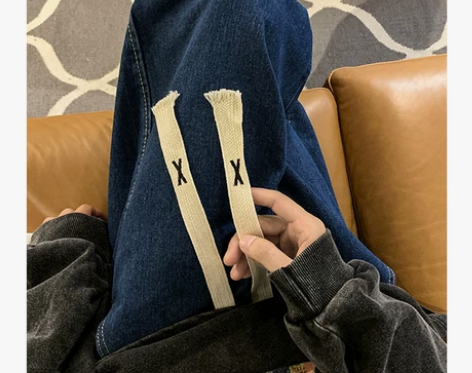 牛仔裤 牛仔长裤美式复古水洗加绒深蓝色男秋...