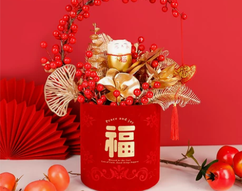 兔年新款套二绒布福桶年宵花插花筒红色圆形