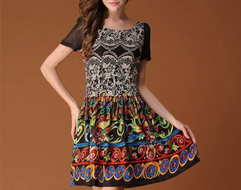 特 艾尼璐夏装 通勤修身 圆领拼接民族风情...