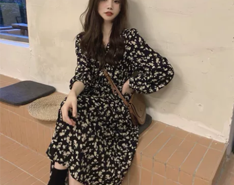 法式茶歇黑色碎花长袖连衣裙女 腰围65