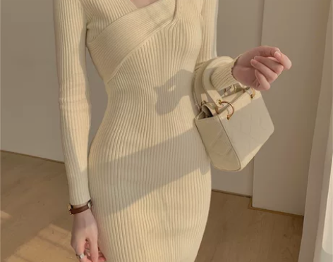 赫本风法式配大衣的过膝毛衣裙内搭打底针织连...