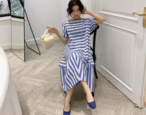 夏季新款宽松条纹棉麻连衣裙女短袖蝴蝶结荷叶...